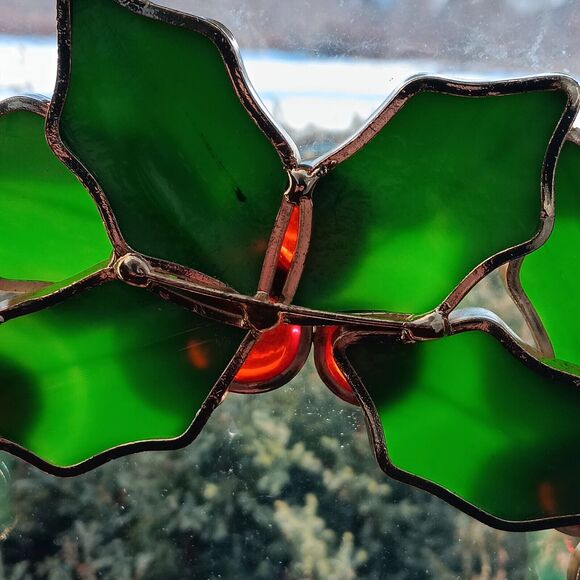 Vintage Stained Glass Christmas Holly Wreath Ornament Handmade Suncatcher 10 in - Picture 6 of 12